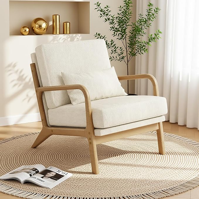 Claiks Mid-Century Modern Accent Chair Living Room Armchair with Solid Wood Frame &amp Lumbar Pillow Comfy Upholstered Lounge Chair for Bedroom Office Corduroy Beige