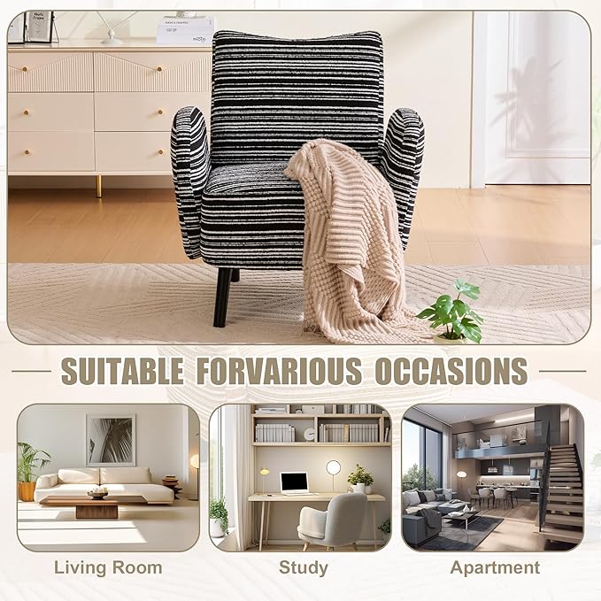 Modern Upholstered Armchair with Side Storage Pocket Fabric Reading Chair with Solid Wood Legs Ergonomic Accent Chair for Living Room Bedroom &amp Office (Black)