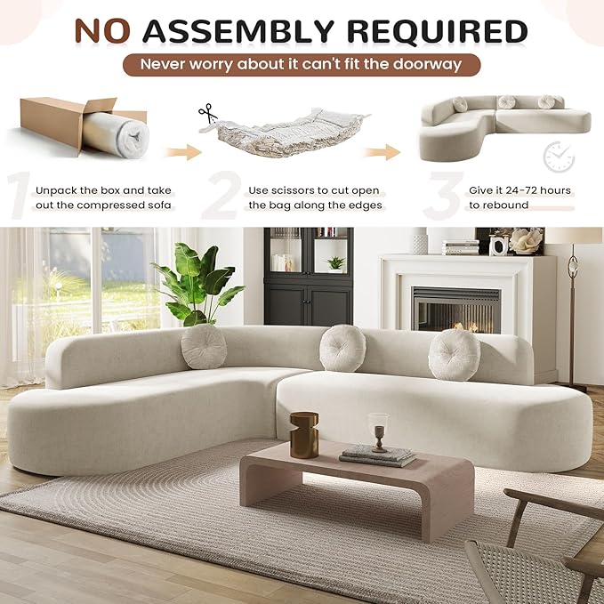 122'' Curved Sectional Cloud Sofa Modern L Shaped Couch with Chaise &amp Pillows Comfy Upholstered Deep Seat Compression Boneless Sofa for Living Room Apatment Office No Assembly Required Beige