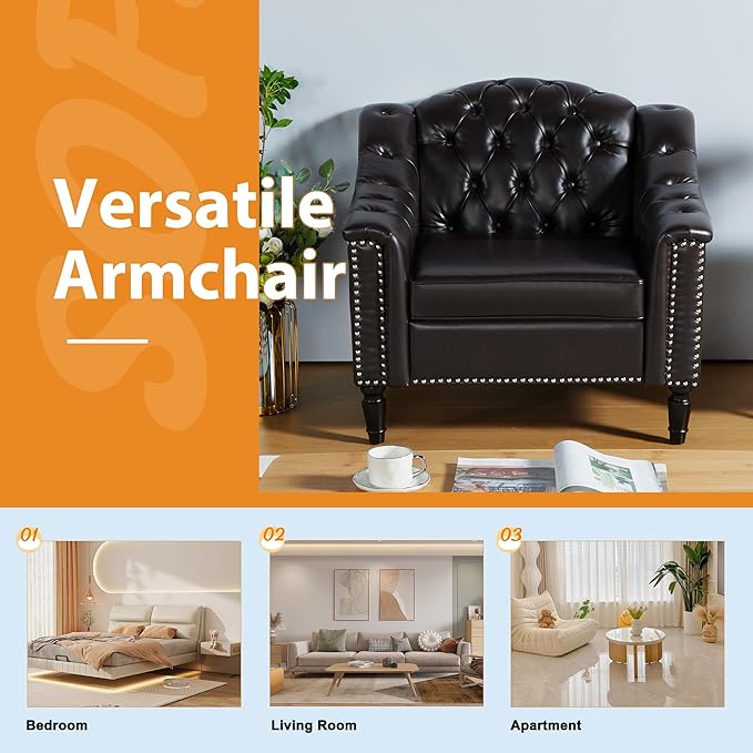 AVZEAR Chesterfield Sofa Chair Mid-Century Modern Armchair PU Fabric Single Sofa Chair with Nailhead Trim and Button Tufted for Living Room Office Bedroom Brown