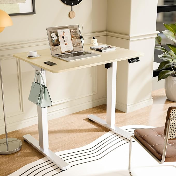 ERGOMAKER Electric Standing Desk 31.5 x 23.6 Height Adjustable Sit Stand Desk with Splice Board for Home Office Computer Desk Memory Preset (White Frame Gold Oak Desktop)