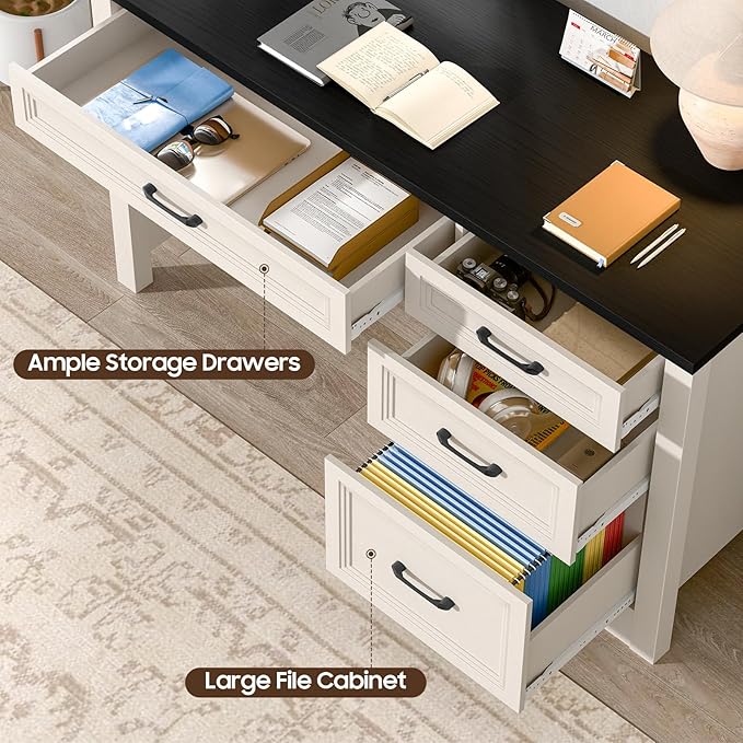 Vabches Farmhouse Executive Desk with Storage and Ample File Drawer Rustic Large Home Writing Desk for Bedroom Black