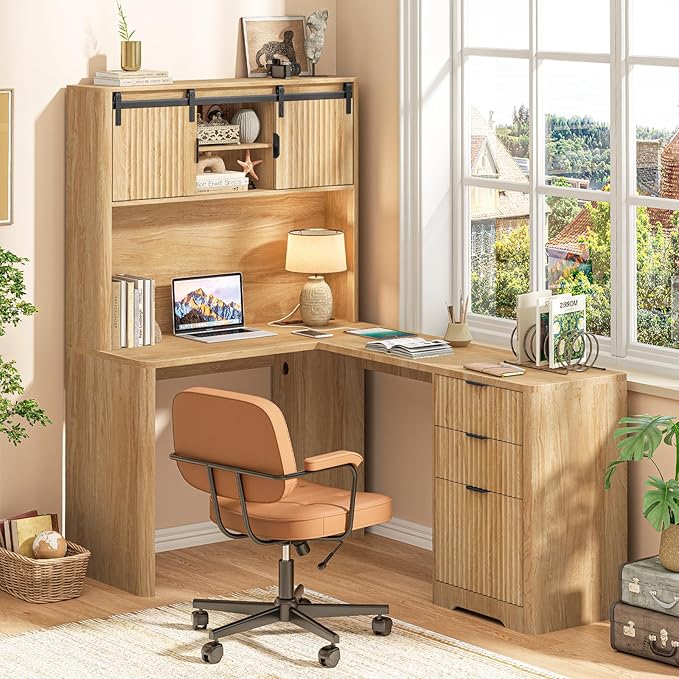68 L Shaped Fluted Desk with HutchOffice Table with 3 Drawers and Sliding Doors Executive Desk with File Drawers and Charging StationLight Strips Wood Workstation for Home OfficeOak