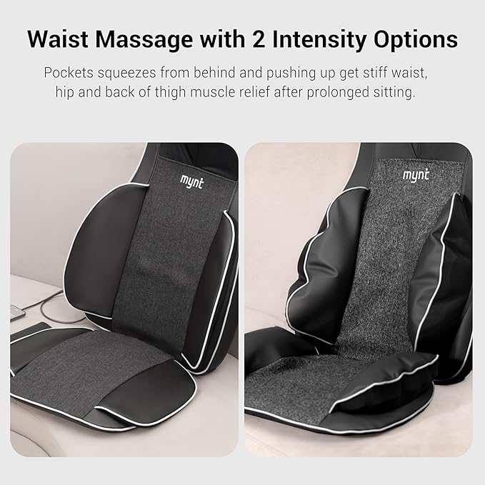 Mynt FSA Eligible HSA Approved Shiatsu Neck and Back Massager for Chair with 10 Deep Kneading Nodes 2D &amp 3D Back Massage with Heat Portable Spot Massage Chair Pad (Black)