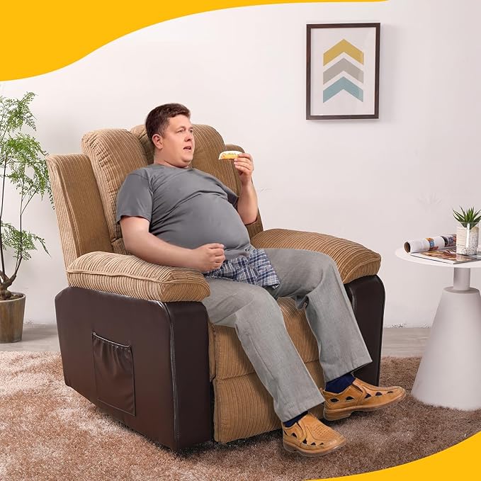 PU Power Recliner Sofa Ergonomic Lounge Chair Corduroy 8-Pointpower Recliner Heat Massage Electric Recliner Chairs with Side Pockets Brown Single Couch Comfy Chair for Bedroom Living Room