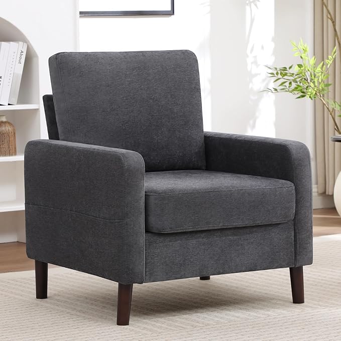 Accent Chair for Living Room Modern Reading Chair for Bedroom Upholstered Armchair with Wood Legs and Side Pockets Single Sofa Side Chair for Office Small Room Apartment Dark Grey