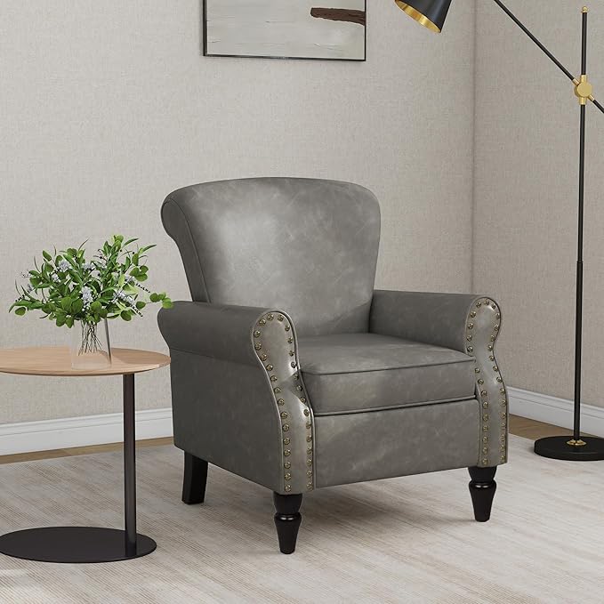 Accent Chair Mid Century Modern Faux Leather Arm Chair with Wood Leg for Living Room Bedroom Comfy PU Leather Club Reading Chairs with Wingback &amp Nailhead Trim (Leather Grey Set of 2)