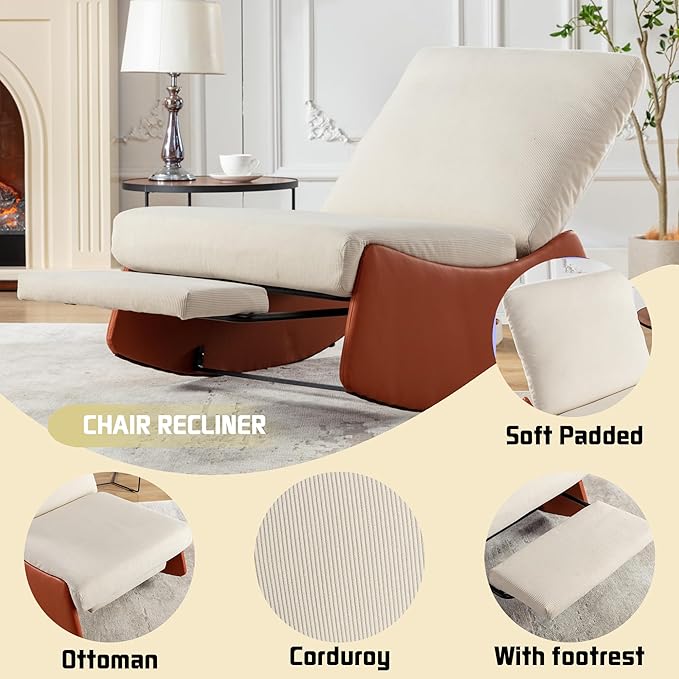 Modern Rocking Chair Recliner Comfy Rocker Nursery Chair with Footrest Accent Reading Chair Upholstered Lounge Chair for Relaxing RestingSoft Padded Rocker for Indoor Living Room BedroomOrange
