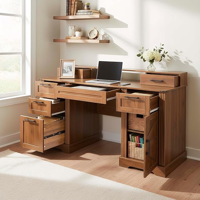 59'' Farmhouse Desk with 5 Drawers &amp Charging Station Wood Executive Desk with Storage Cabinet &amp Keyboard Tray White Computer Desks with Monitor Stand for Home Office (Walnut 59 × 35)