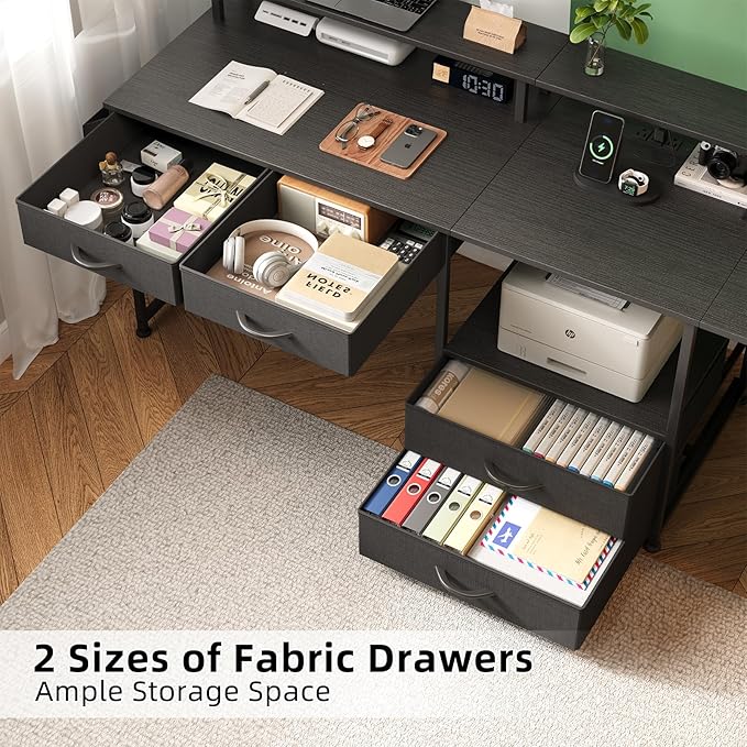 L Shaped Desk with 4 Fabric Drawers 78.7 Home Office Desk with Printer Storage Shelf &amp Power Outlet Two Person Desk with Monitor Shelf Corner Computer Desk Gaming Desk with Led Lights Black