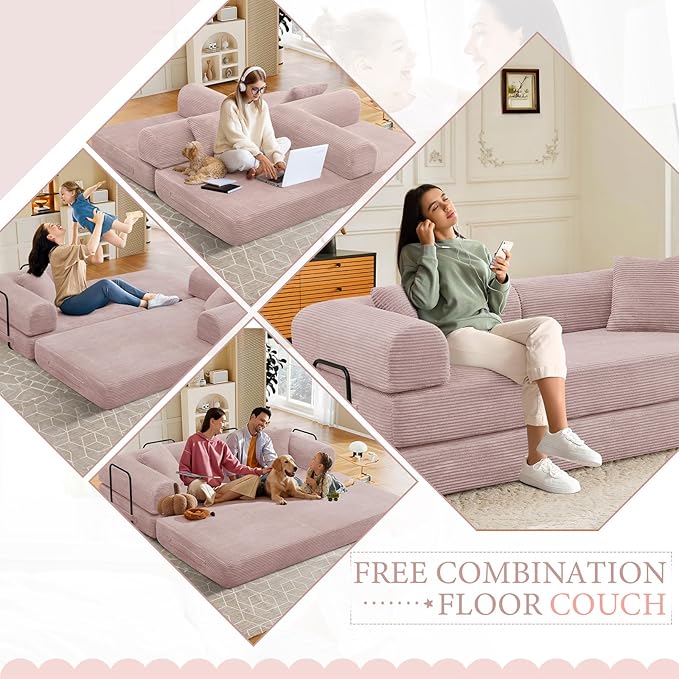 78 Convertible Sleeper Sofa Bed with Cylindrical Pillow Corduroy Folding Mattress Couch with Fixed Frame Floor Sofa Lounge Couch for Living Room Bedroom Apartment Pink