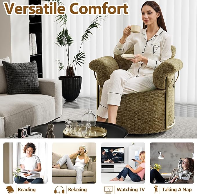 Swivel Accent Chairs for Living Room 360 Swivel Barrel Chair with Arm for Bedroom Upholstered Round Chair &amp Corner Chairs with Gold Frame for Small Spaces Chenille (Brown)