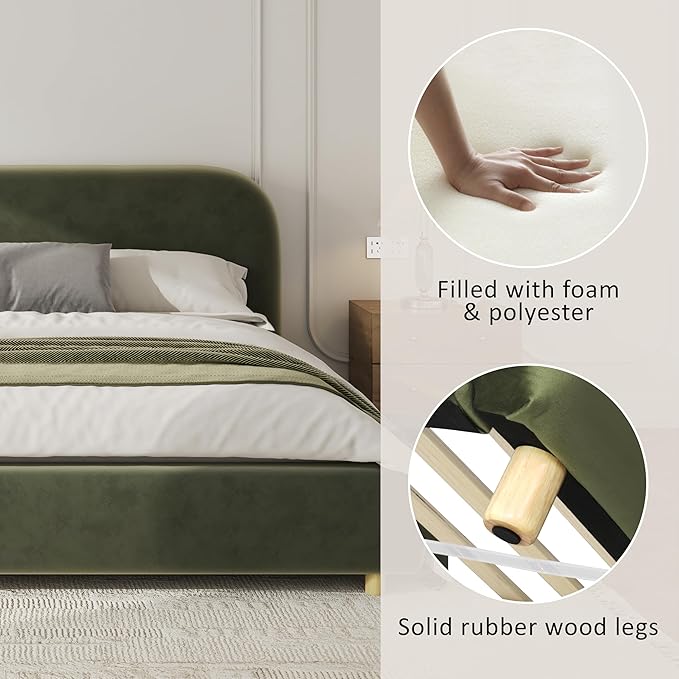 Merax King Size Teddy Fleece Thick Fabric Upholstered Platform Bed with Curved Shaped Headboard Wood Bed Frame with Solid Round Legs for Kids Teens Adults Olive Green