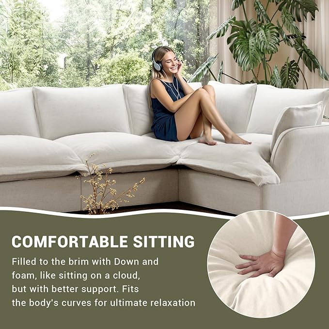 Linen Blend Cloud Couch Sectional for Living Room Comfy Down Filled Cloud Modular Sectional Sofa Modern Convertible Deep Seat Modular Couch Sleeper Sofa Bed Removable &amp Washable Covers