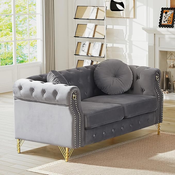 Antetek 60.5-inch Loveseat Chesterfield Sofa Mid Century Modern Sofa Couch with Button Tufting &amp Rolled Arms Comfy Upholstered Velvet Deep Seat Couch for Living Room Office Grey
