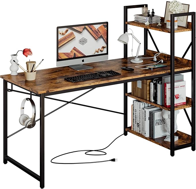 IRONCK Computer Desk 55 with Power Outlet and Storage Shelves Study Writing Table with USB Ports Charging Station PC Desk Workstation for Home Office Rustic Brown
