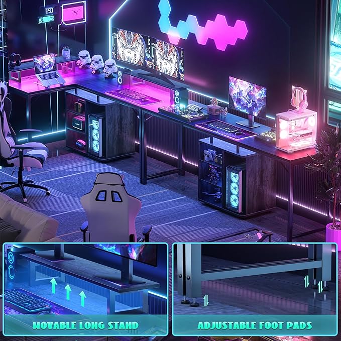 Cyclysio L Shaped Gaming Desk with Wood Cabinet 58 Large Corner Desk with LED Lights &amp Power Outlet Reversible Computer Desks with Computer Tower Stand 2 Person Desks for Home Office Grey