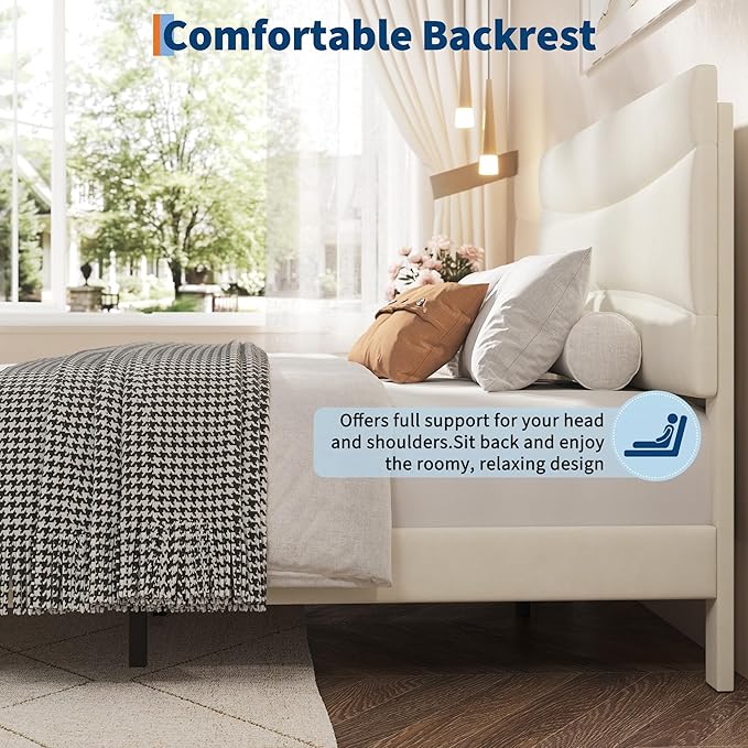 GarveeHome Queen Bed Frame with Headboard Upholstered Platform Bed Frame Queen Size with Sturdy Wood Slats Support No Box Spring Needed Easy Assembly Noise Free Beige Velvet