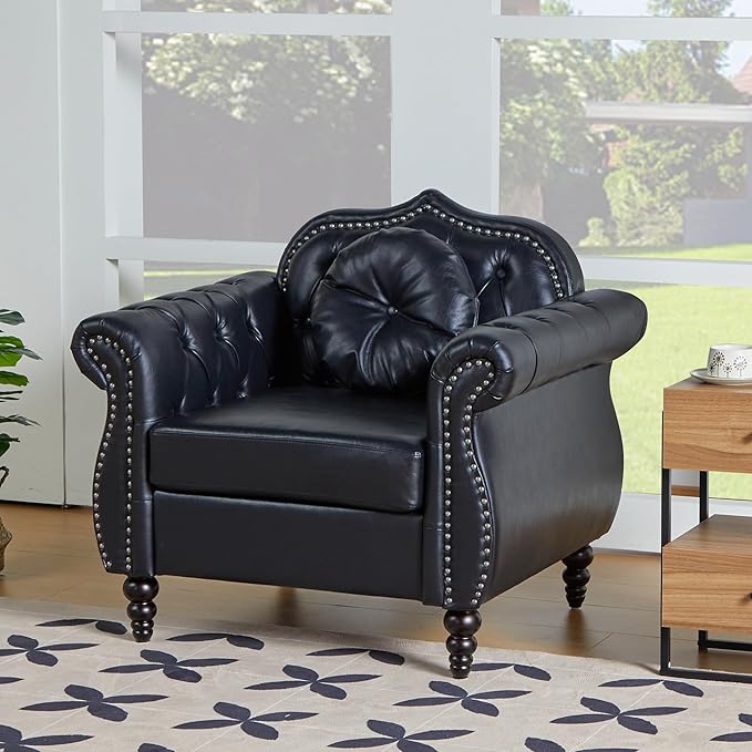 AVZEAR Modern Upholstered Accent Chair Mid-Century Modern Armchair Tufted Lounge Reading Chair with Pillow for Living Room Bedroom Office (Black)