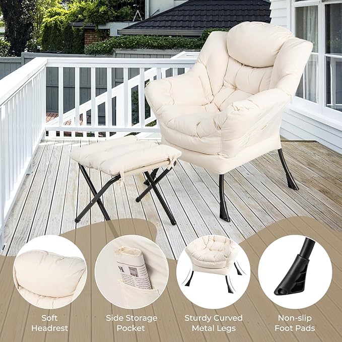 KOMFOTT Lazy Chair with Ottoman Leisure Upholstered Reading Sofa Chair with Armrests &amp Side Pocket Modern Lounge Accent Chair with Folding Footrest for Living Room Bedroom Balcony Beige