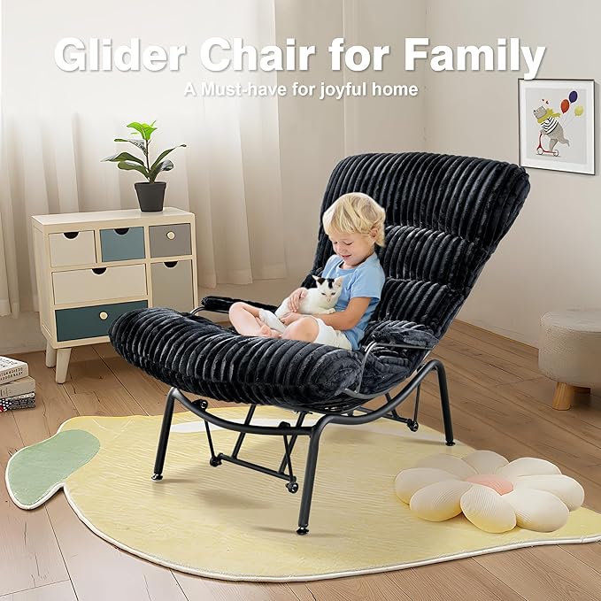 ovios Rocking Chair with Ottoman Glider Recliner with Footrest Lazy Accent Armchair with Comfy Cushion for Living Room Bedroom Office Cloud Plush Corduroy Black