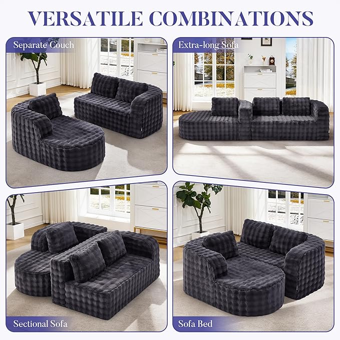 Hobestluk 96 Cloud Sectional Couch Modern Boneless Couch 3 Seater with Oversized Chaise L Shaped Modular Sofa Couches for Living Room Apartment No Assembly Required (Bubble Grey Left Facing Chaise)