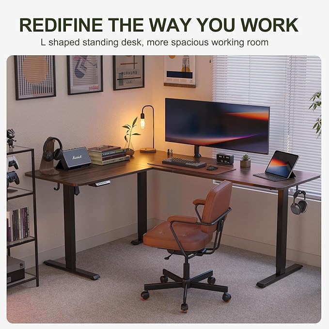 BANTI L-Shaped Standing Desk - 63 x 55 Inch Adjustable Corner Standing Desk with Charging Station - L Shape Sit Stand Table with Memory Controller Splice Board for Home Office Black Walnut