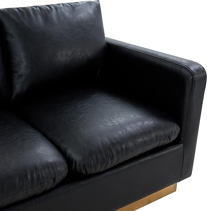 LeisureMod Nervo Modern Upholstered Leather Loveseat Sofa 2-Seater Living Room Couch with Gold Metal Base and Removable Cushions Small Space Furniture for Living Room Office Waiting Area Black