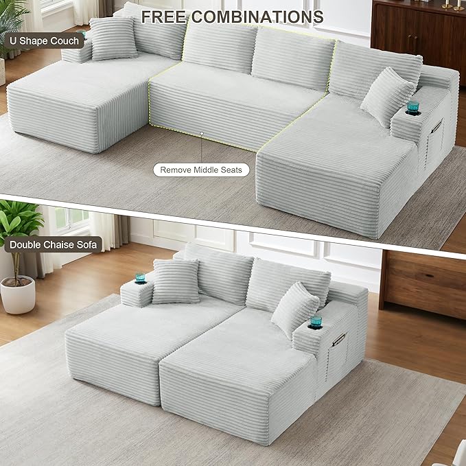 133.5 Oversized U Shaped Sectional Couch Boneless Cloud Couches for Living Room Corduroy Comfort Modular Deep Seat Sofa with Chaise Cup Holders &amp Storage Pocket No Assembly Light Grey