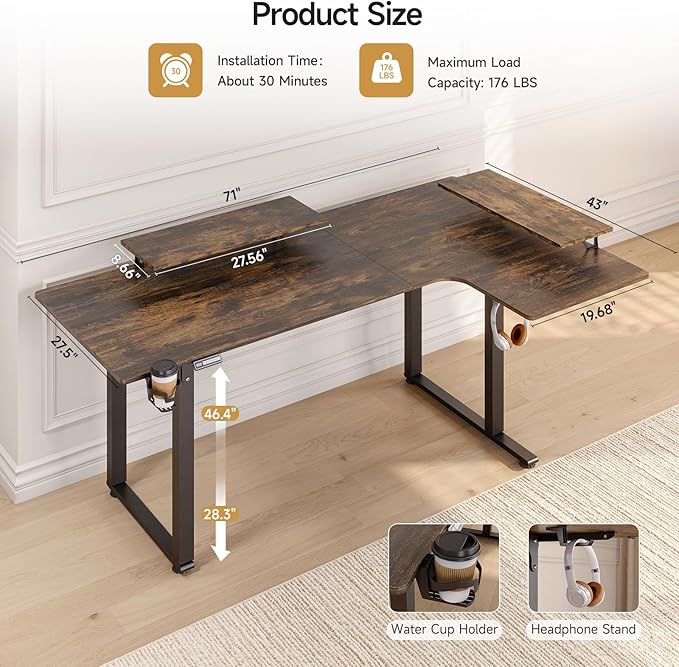 L Shaped Electric Standing Desk 71x43'' Computer Desks with 2 Monitor Shelves Dual Motor and Memory Controller Gaming Corner Desk Adjustable Height from 28-46'' for Home Office Rustic Brown