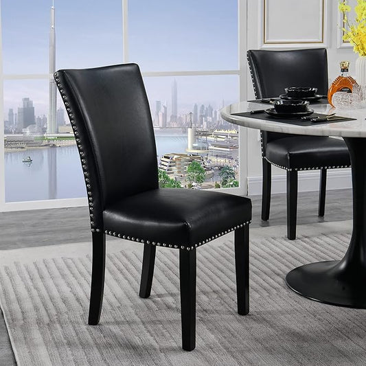 Parson Dining Chairs Set of 2 Nailhead Trim Contemporary Accent Chair for Dining Table Modern Upholstered PU Leather Chairs for Bedroom Vanity Living Room Kitchen