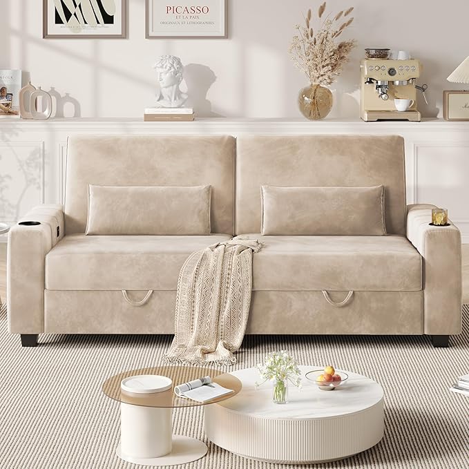 75 Inch Loveseat Sofa Velvet Fabric Couch with Storage Cup Holder Charging Ports Heightened Backrests Removable Cover Modern Comfy Couches Easy Assembly for Small Spaces Apartment