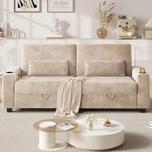 75 Inch Loveseat Sofa Velvet Fabric Couch with Storage Cup Holder Charging Ports Heightened Backrests Removable Cover Modern Comfy Couches Easy Assembly for Small Spaces Apartment