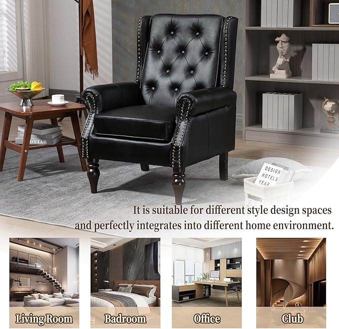 Mid-Century Wingback Chair PU Leather Accent Chair Armchair with ButtonsModern Living Room Chairs with Rivet DecorationLeisure Single Sofa Chair for BedroomClubHome Reception (PU Black)