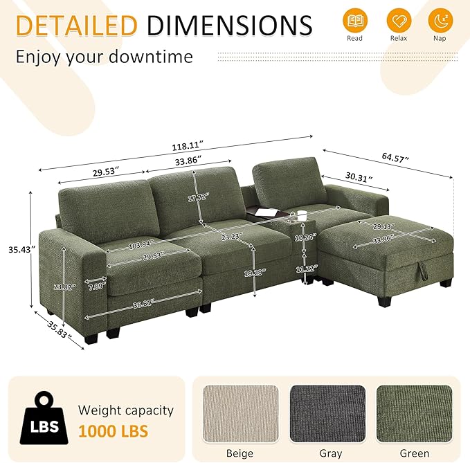 VANOMi 118 Convertible Sectional Sofa with Storage Ottoman Comfy 3 Seater Chenille Fabric Couch with Charging Ports &amp Cup Holders Modern L Shaped Couches for Living Room Apartment (Green)