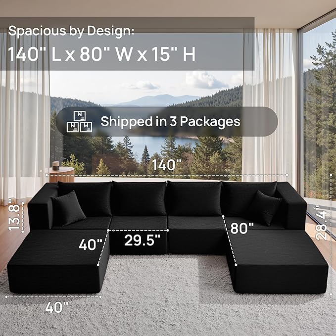 YINIX 140 Modular Sectional Sofa Couches Corduroy Sleeper Deep Seat Sofa Bed Comfy Cloud Couch for Living Room Floor Sofa 6 Piece Free Combination Compression No Assembly Required Obsidian
