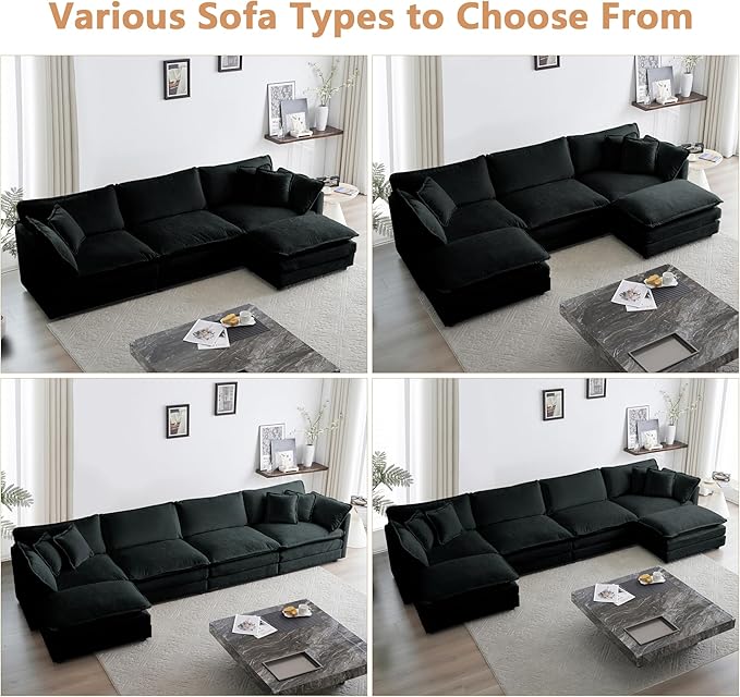 mikibama Luxury 3 Piece Sofa Set 2 Pieces of Single Sofa and 1 Piece of 3 Seater Sofa Modern Chenille Comfy Cloud Couches Set with 7 Pillows for Living Room Office Black