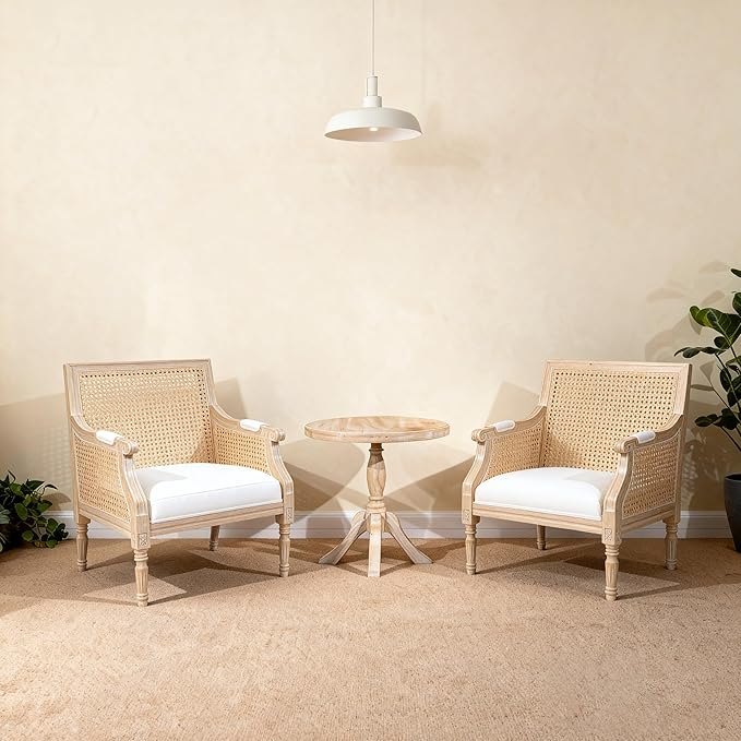 French Accent Chair(Singel) Upholstered Armchair with Vintage Rattan Hollow-Out Back and Solid Rubberwood FrameReading Chair for Living Room Bedroom Farmhouse Balcony Home Office Beige
