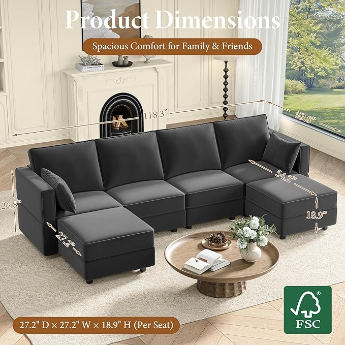 Vesgantti Sectional Couches with Storage Seats 118 L Shaped Convertible Modular Sectional Sofa 4 Seat &amp 2 Ottomans Velvet Storage Chaises Deep Seat Couch for Living Room Bedroom Apartment Gr