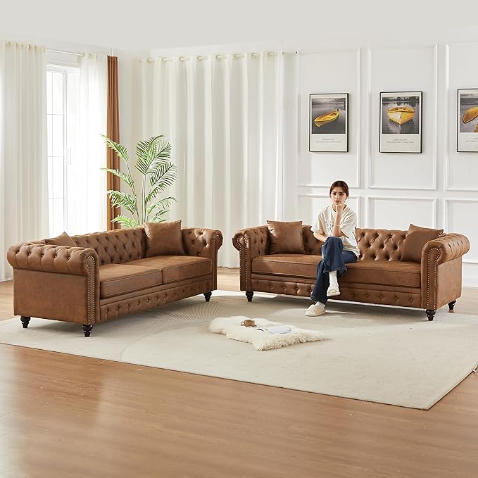 2 Piece Mid Century Modern Couch Set Retro Button Tufted Chesterfield Sofa muebles para la sala Comfy Deep Seat Upholstered Office Furniture Living Room Sofas Set (Retro Brown Couch and Loveseat)