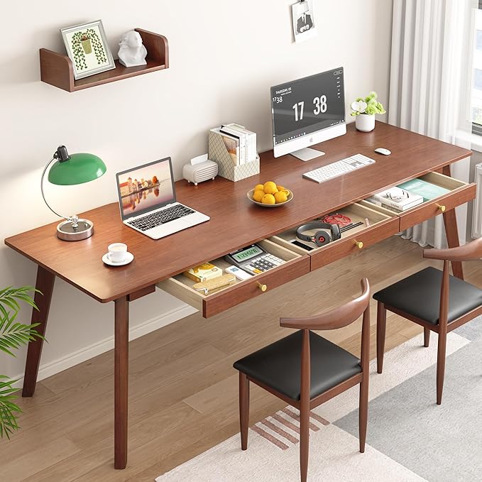 Long Solid Wood Desk with Drawers - 70.9” Mid Century Modern Executive Desk for Two People Home Office Computer Desks Vintage Writing Study Table for Any Room - 2 Person Desks -Walnut