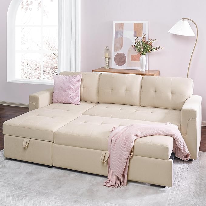 Naomi Home 85 in. Convertible Sofa with Storage Reversible L Shape Sofa Couch with Chaise Comfy Couches for Living Room Beige/Velvet