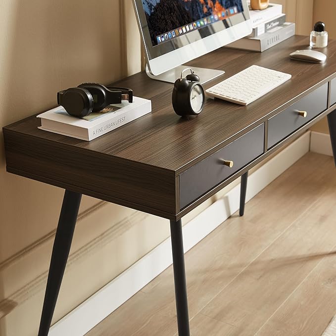 KEVINSPACE Mid Century Desk with Drawers 47 Modern Home OfficeDesk Writing StudyDesk ComputerDesk with Metal Legs &amp 3 Drawers Multipurpose Vanity TableDesk for Bedroom Office Walnut&ampGrey