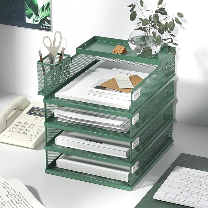 Stackable Letter Trays 4 Tier Metal Paper Tray &amp Desk Organizer Stackable File Trays for Office &amp Home Multi-Functional Document Tray with Fine Grid Design &amp Magnetic LabelsGreen