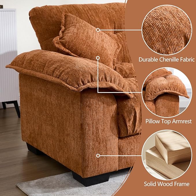 KIVENJAJA 90.5”W Oversized Cloud Loveseat Sofa Modern Chenille Tufted Deep Seat Sectional Couch Overstuffed Comfy Love seat with Pillows for Living Room Apartment Small Space Orange