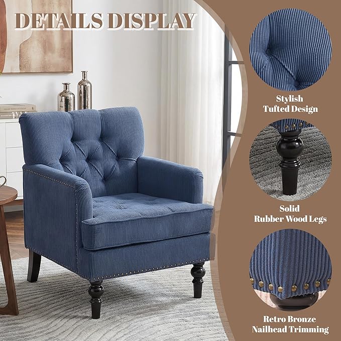 Tufted Corduroy Armchair with Nailhead TrimMid Century Modern Fabric Upholstered Accent Side Chair for Living Room Bedroom26.4 Arm Chair with Solid Wood LegsReading Club Chair (1 Blue)