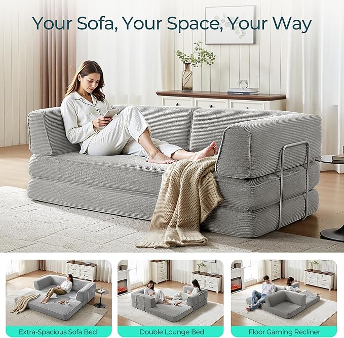 LINSY HOME 79'' Convertible Sofa Bed - Sleeper Sofa Compression Folding Loveseat Sleeper - Foldable Corduroy Couch Bed for Living Room Bedroom - Modular Sectional Compressed Sofa in Box Grey