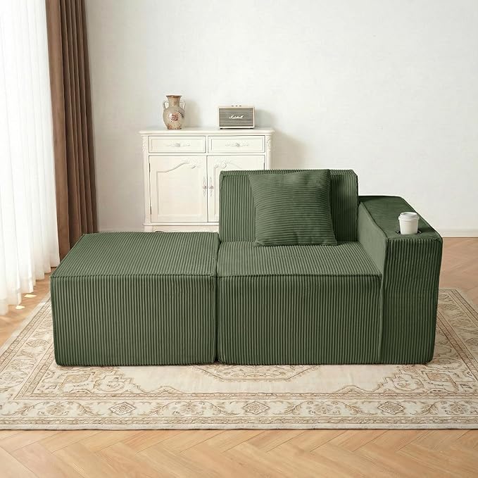 Cloud Modular Sectional CouchBoneless Corduroy Sofa for Living RoomU Shaped Sofa with OttomanDeep SeatNo Assembly Required (Green Right-arm Seat + Ottoman)