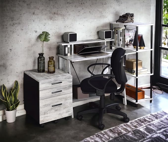 Nypho Antique White &amp Black Finish Writing Desk with USB Charging Ports - Compact Home Office Desk with Drawers