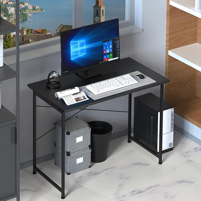 HealSmart Home Office Computer Black Small Desk Modern Simple Style PC Table with Headphone Hooks 40 Inch